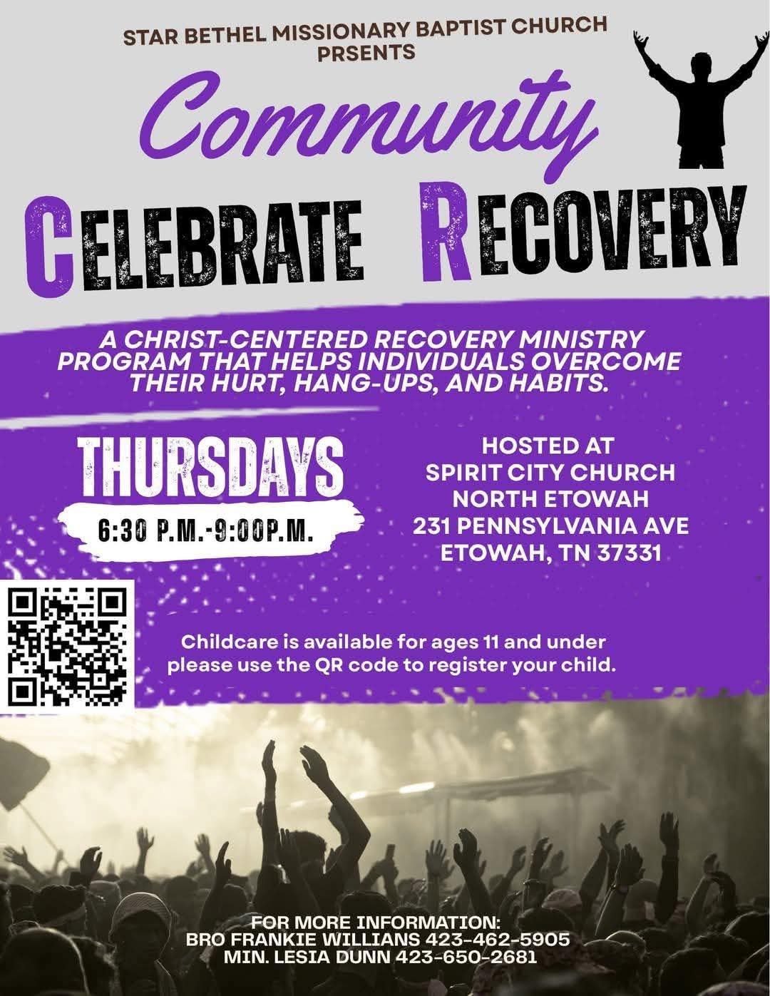 Celebrate Recovery flyer: Thursdays 6:30 to 9:00 PM at Spirit City Church North Etowah